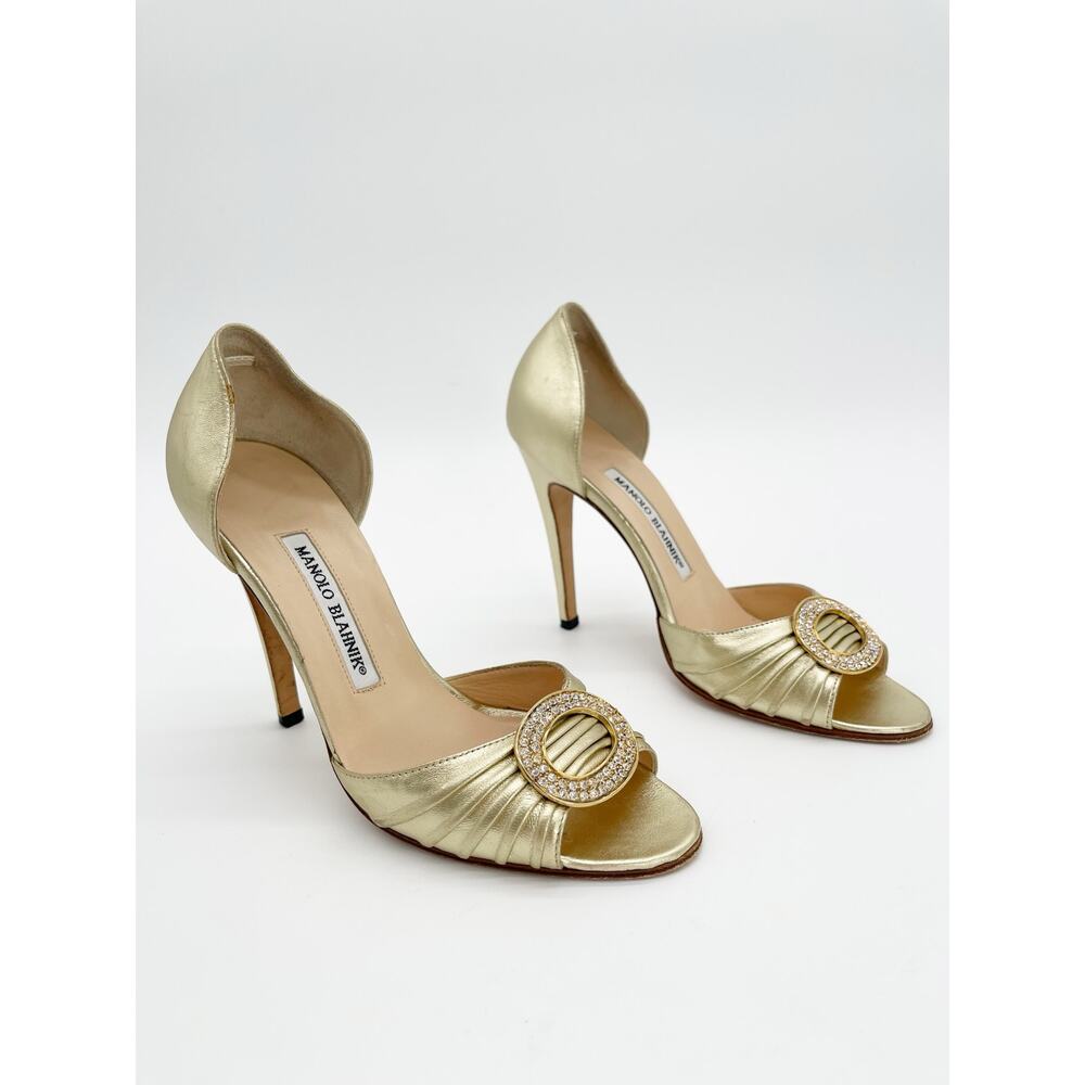 Manolo Blahnik y2k Vintage Gold Metallic Sedaraby Crystal D’Orsay Heels IT 36